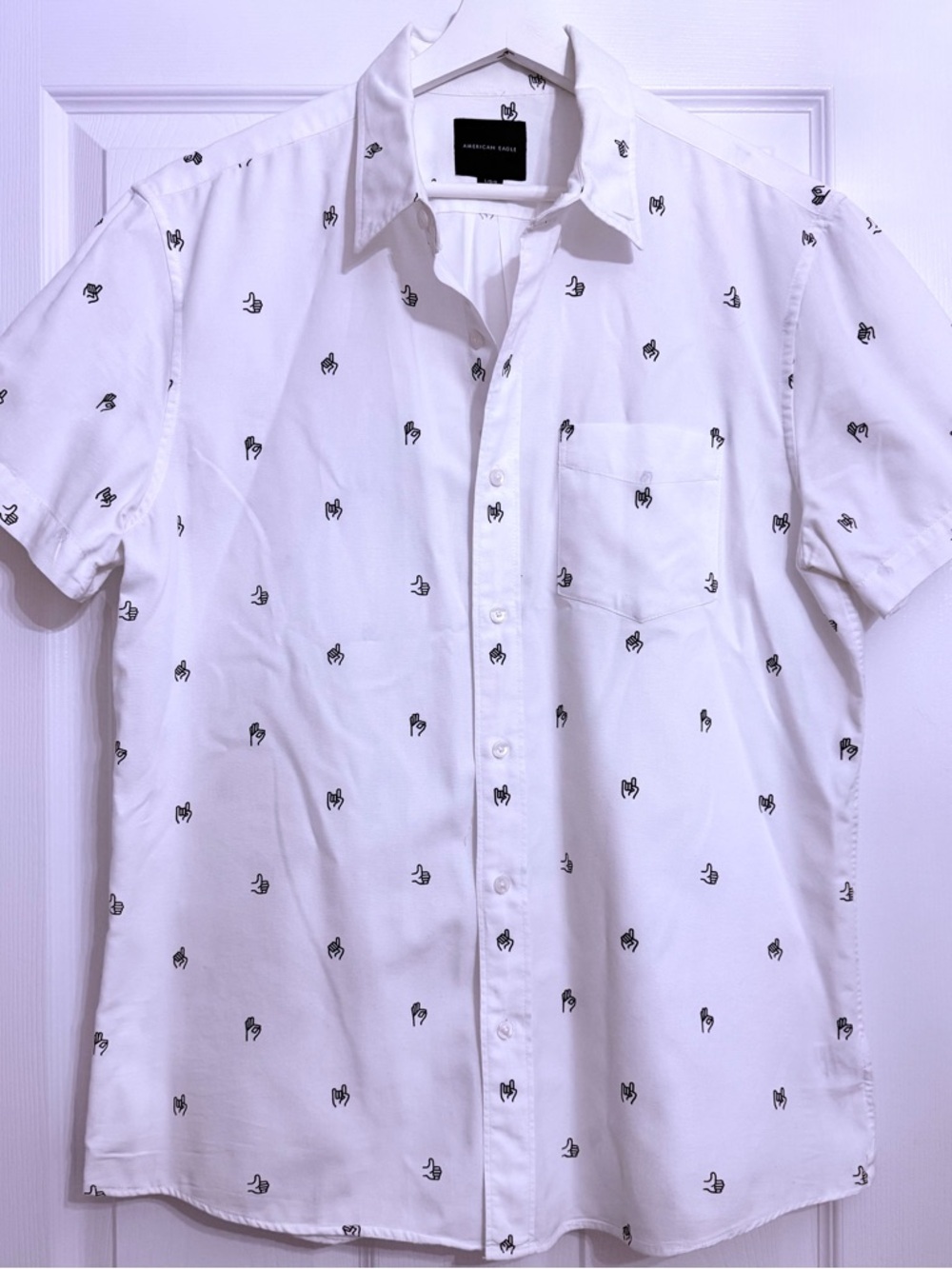 American Eagle Outfitters White Short-Sleeve Button-Down with Black Micro Motif